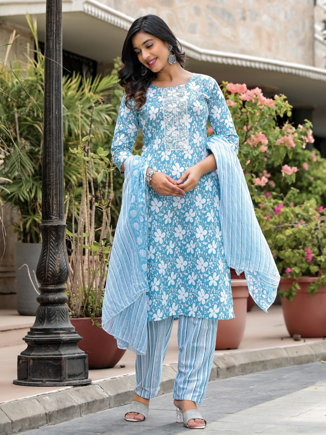 Juniper Women's Blue Floral Printed Cotton Kurta, Pant And Dupatta Set With Thread & Mirror Work