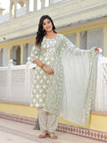 Juniper Women's Green Floral Printed Cotton Kurta, Pant And Dupatta Set With Thread & Mirror Work