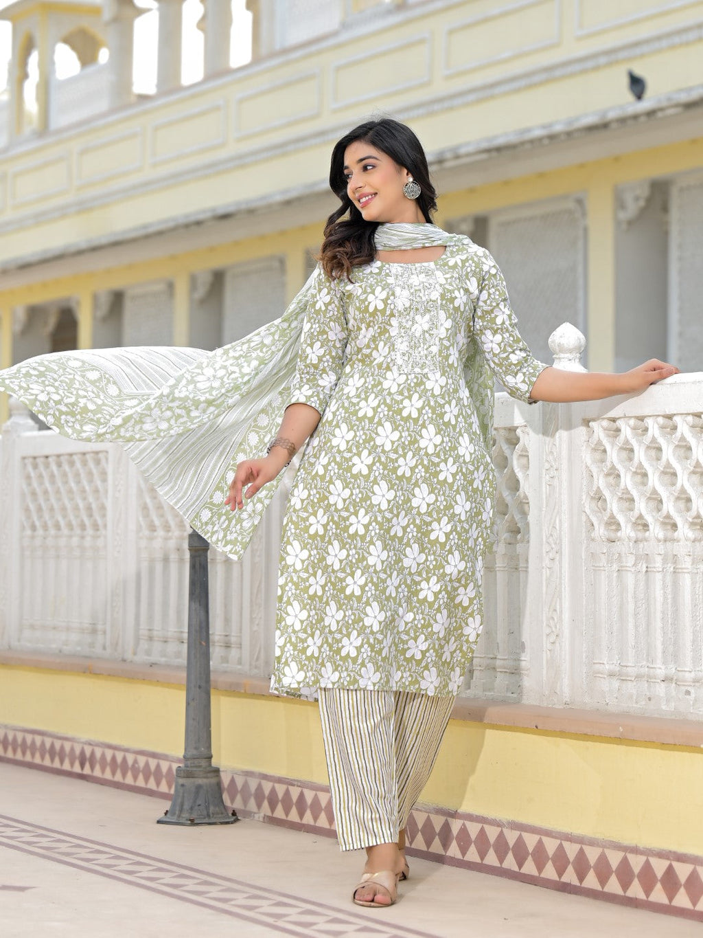 Juniper Women's Green Floral Printed Cotton Kurta, Pant And Dupatta Set With Thread & Mirror Work