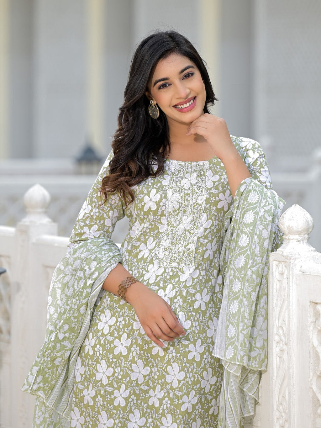 Juniper Women's Green Floral Printed Cotton Kurta, Pant And Dupatta Set With Thread & Mirror Work