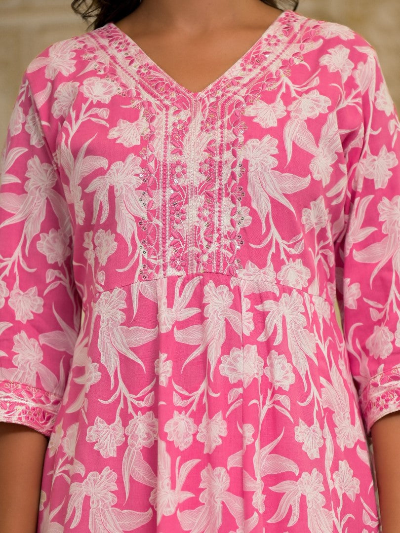 Juniper Women's Pink Floral Printed Liva Rayon Kurta Set With Thread & Mirror Work