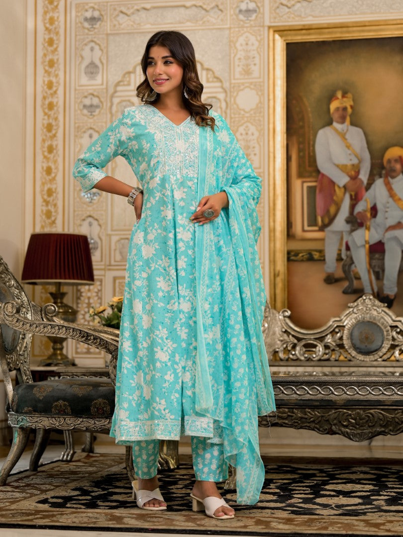 Juniper Women's Green Floral Printed Liva Rayon Kurta, Pant And Dupatta Set With Thread & Sequins Work