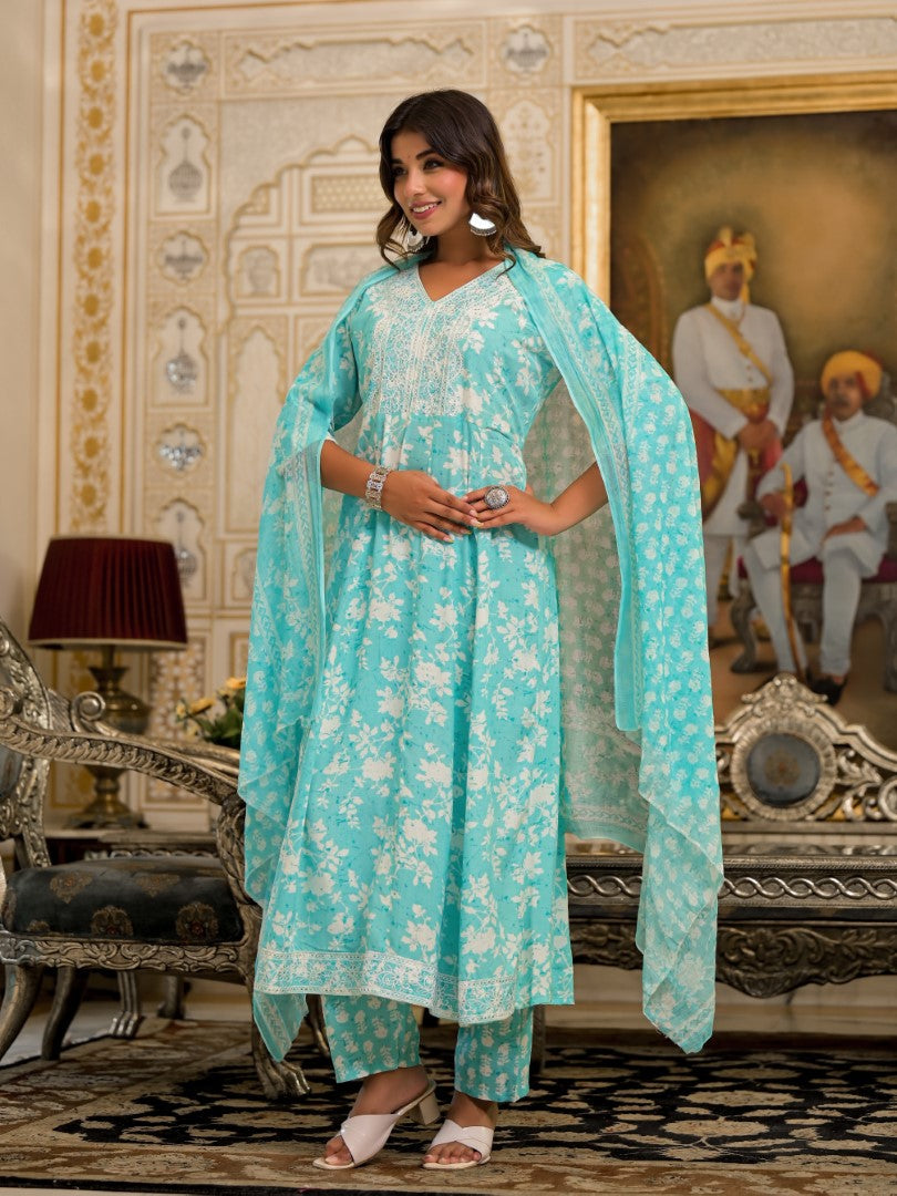 Juniper Women's Green Floral Printed Liva Rayon Kurta, Pant And Dupatta Set With Thread & Sequins Work