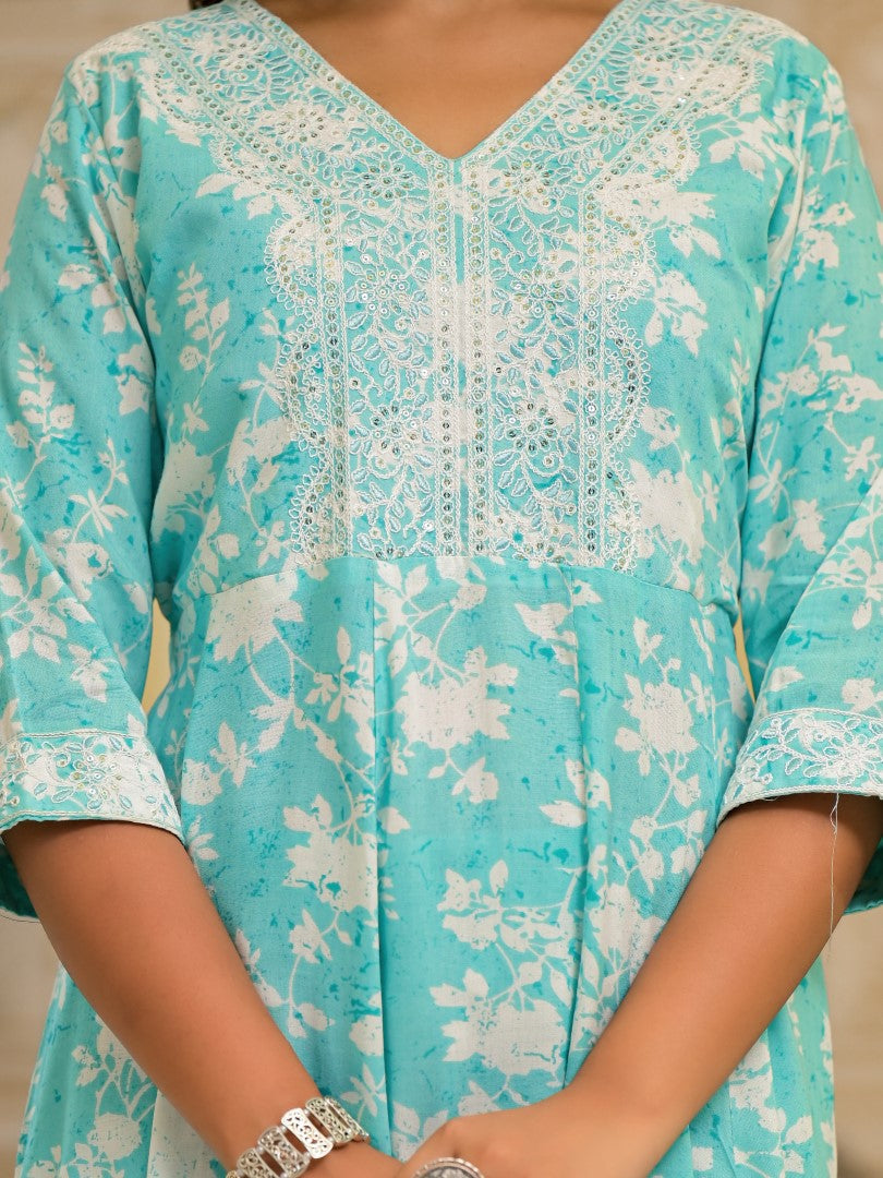 Juniper Women's Green Floral Printed Liva Rayon Kurta, Pant And Dupatta Set With Thread & Sequins Work