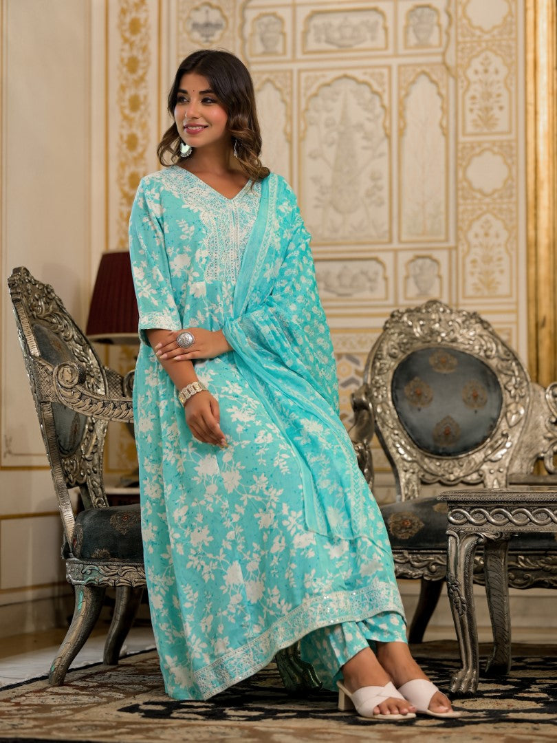 Juniper Women's Green Floral Printed Liva Rayon Kurta, Pant And Dupatta Set With Thread & Sequins Work