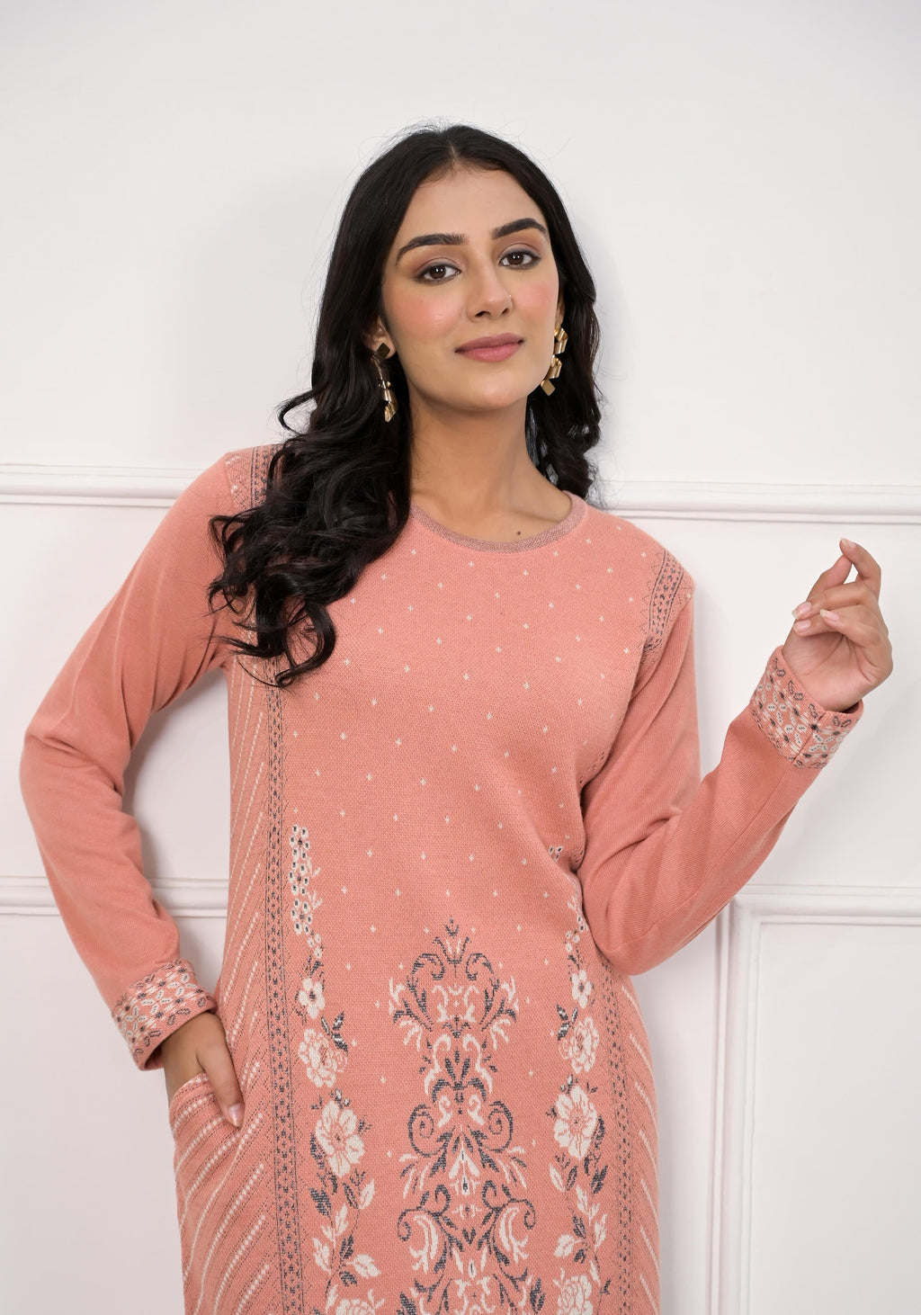 Juniper Women's Peach Ethnic Motif Printed Cotton Winter Wear Kurta