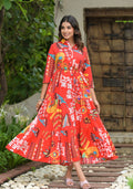 Juniper Women's Red Geometric Printed Cambric Dress With Buttons & Doris On Waist