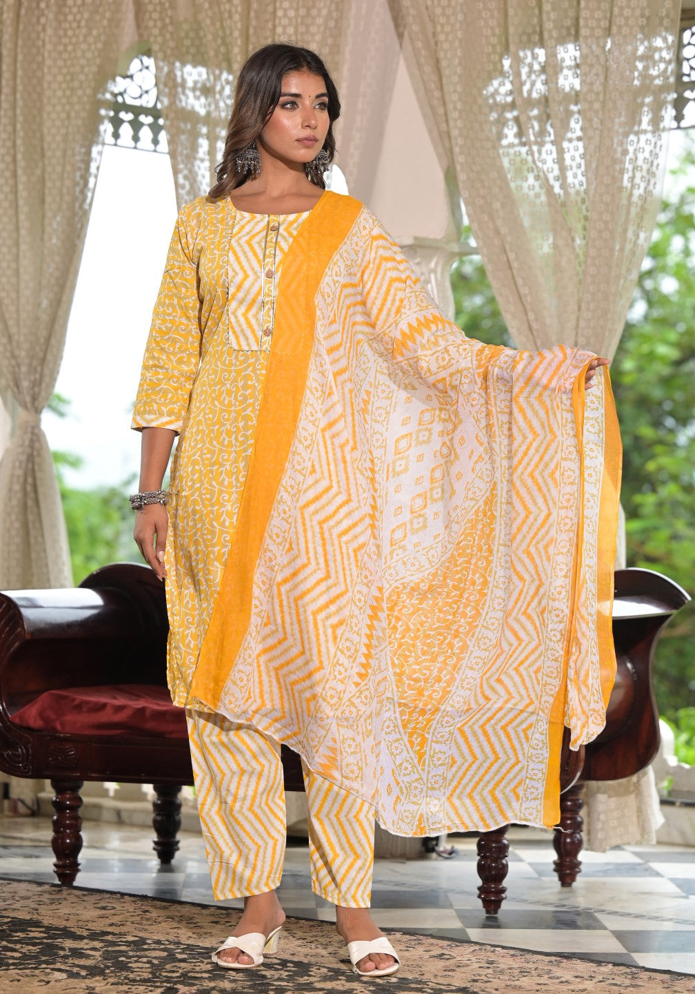 Juniper Women's Mustard Ethnic Motif Printed Cotton Kurta, Pant And Dupatta Set With Lace & Buttons