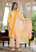 Juniper Women's Mustard Ethnic Motif Printed Cotton Kurta, Pant And Dupatta Set With Lace & Buttons