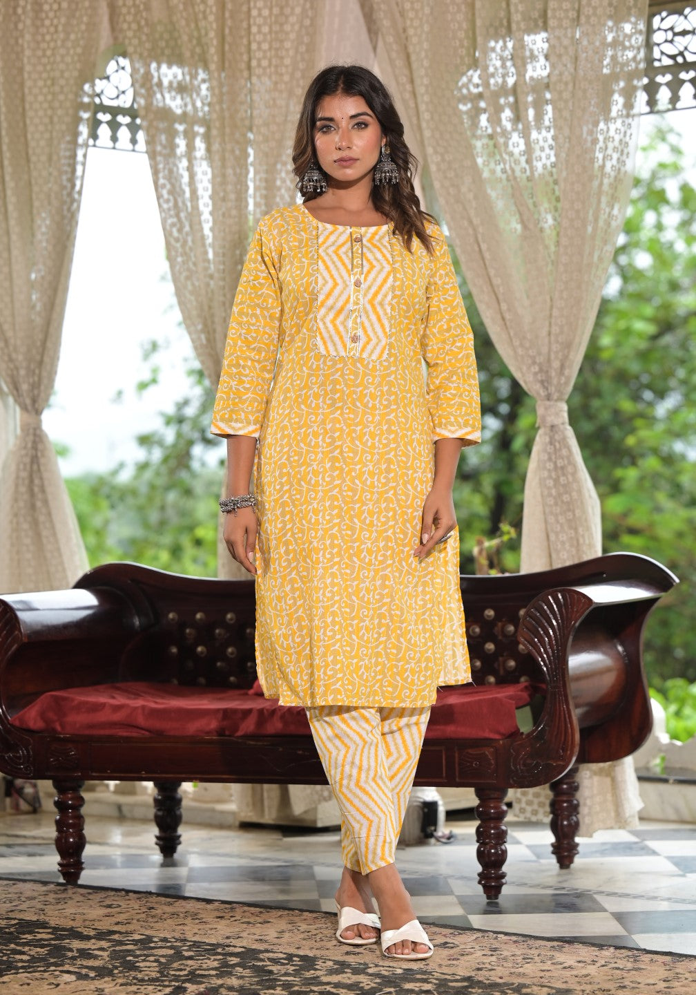 Juniper Women's Mustard Ethnic Motif Printed Cotton Kurta, Pant And Dupatta Set With Lace & Buttons