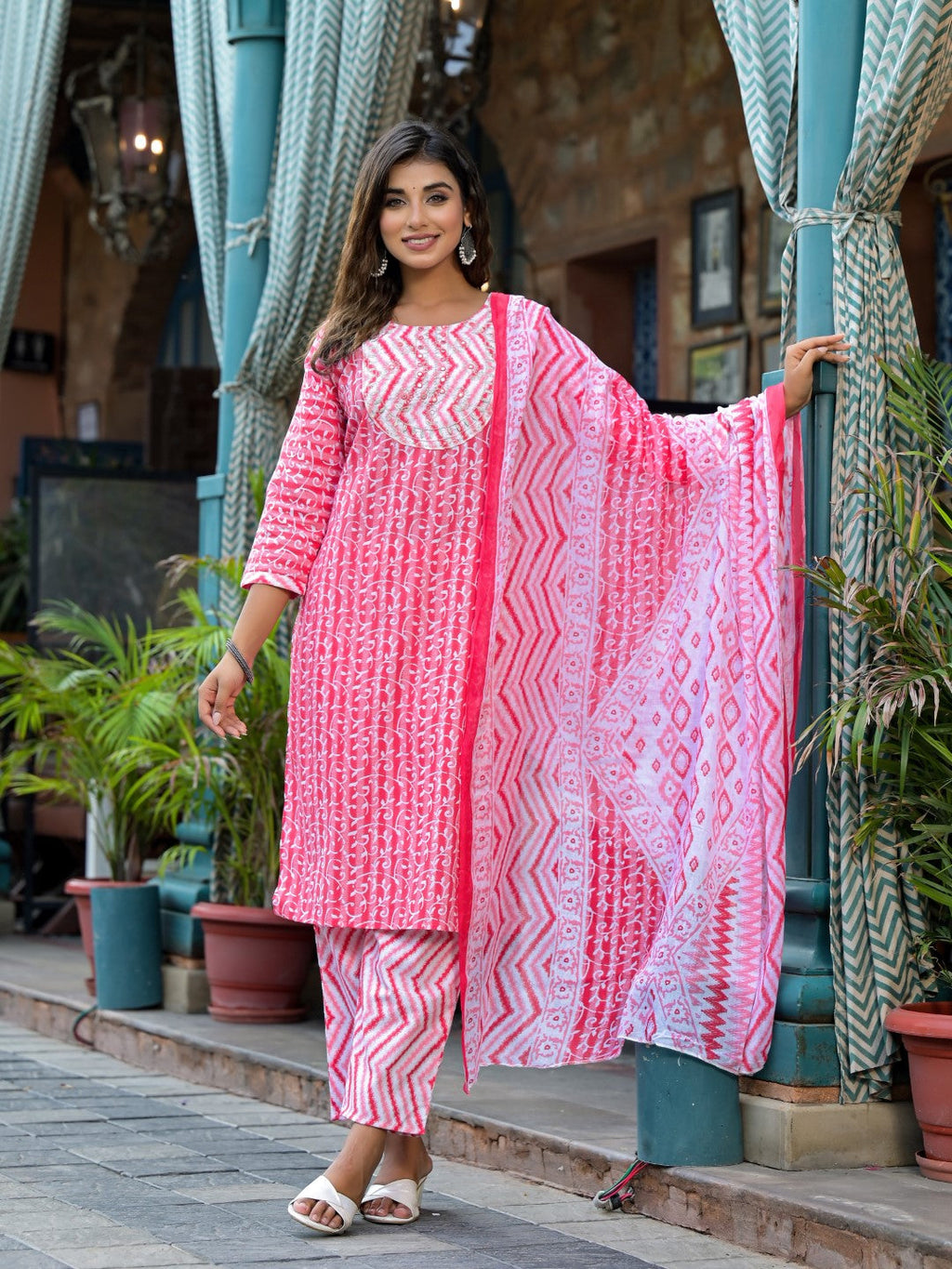 Juniper Women's Pink Ethnic Motif Printed Cotton Kurta, Pant And Dupatta Set With Mirror & Thread Work