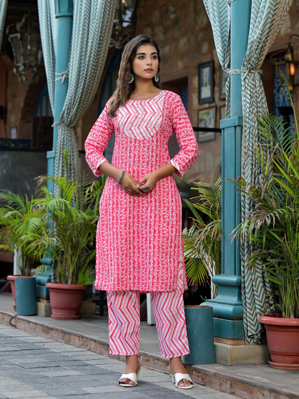 Juniper Women's Pink Ethnic Motif Printed Cotton Kurta, Pant And Dupatta Set With Mirror & Thread Work