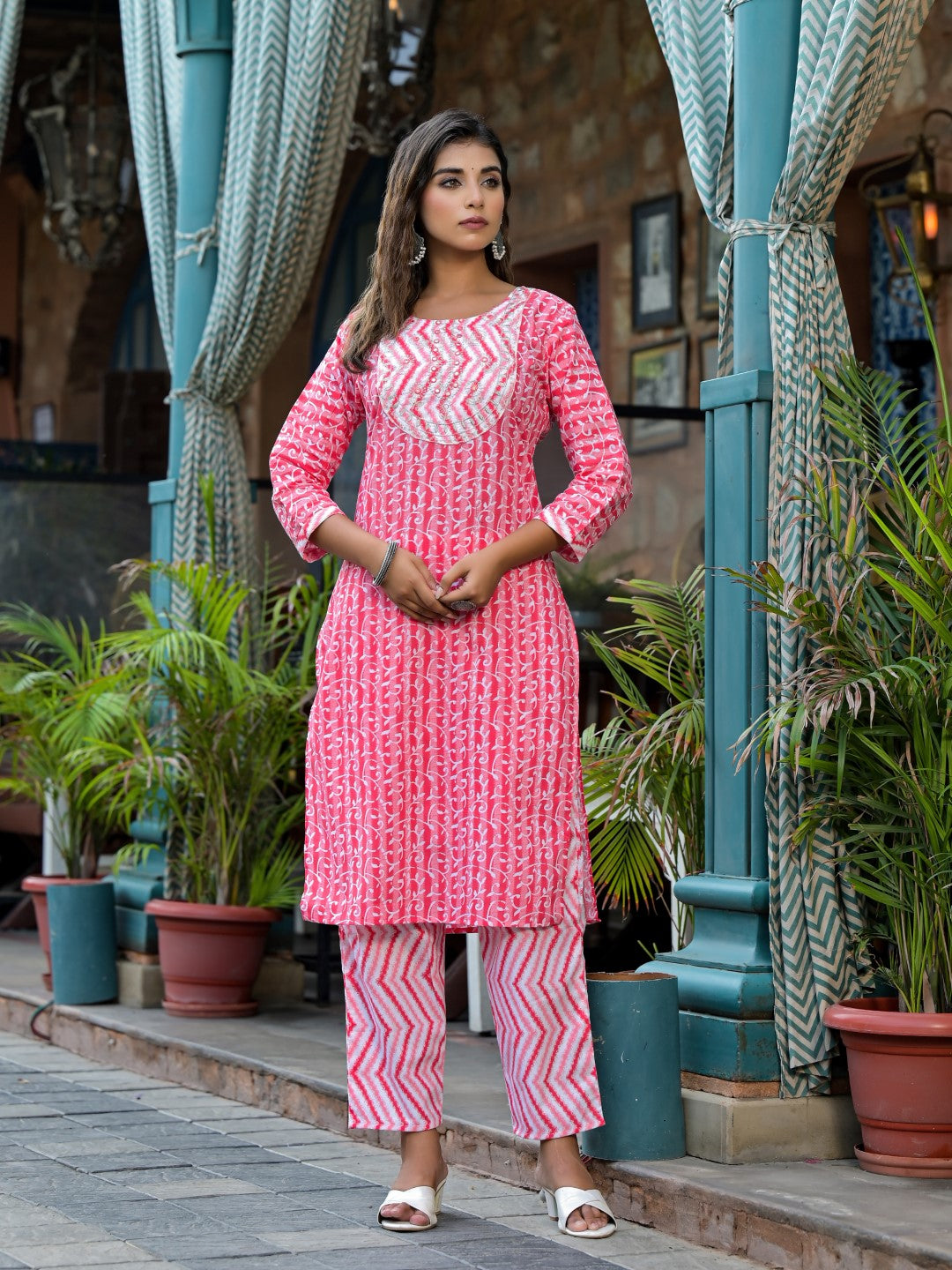 Juniper Women's Pink Ethnic Motif Printed Cotton Kurta, Pant And Dupatta Set With Mirror & Thread Work