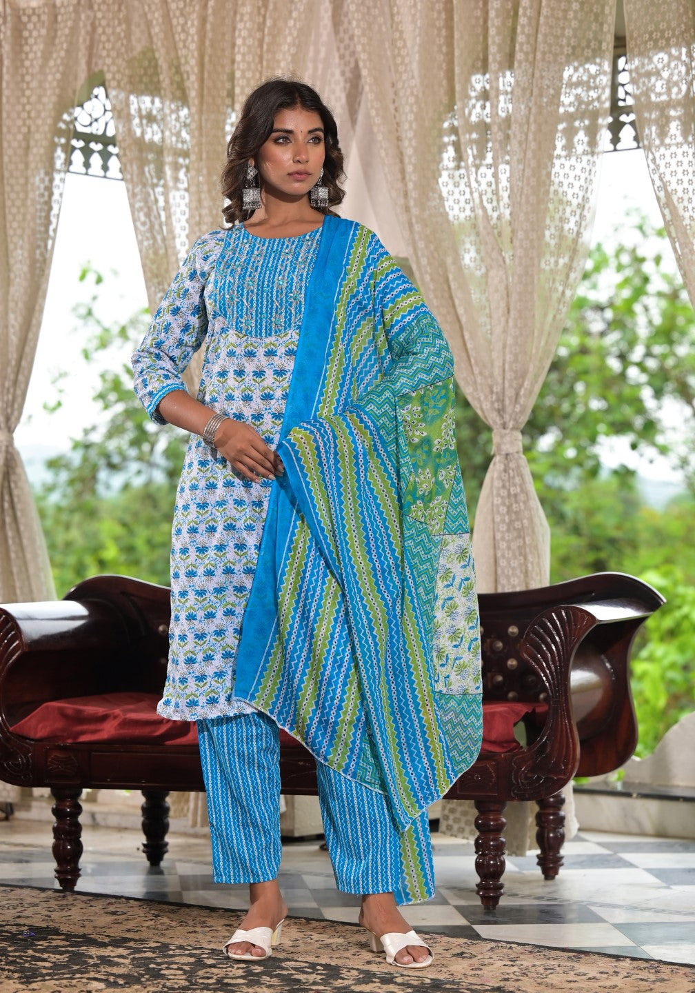 Juniper Women's Sky Blue Ethnic Motif Printed Cotton Kurta, Pant And Dupatta Set With Zari & Mirror Work