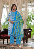 Juniper Women's Sky Blue Ethnic Motif Printed Cotton Kurta, Pant And Dupatta Set With Zari & Mirror Work