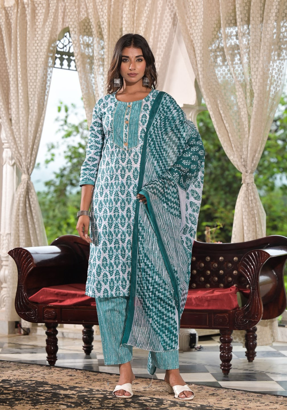 Juniper Women's Sea Green Ethnic Motif Printed Cotton Kurta, Pant And Dupatta Set With Lace & Buttons