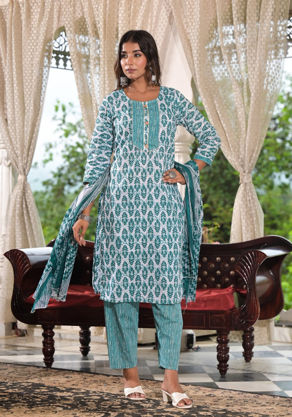 Juniper Women's Sea Green Ethnic Motif Printed Cotton Kurta, Pant And Dupatta Set With Lace & Buttons