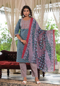 Juniper Women's Teal Blue Ethnic Motif Printed Cotton Kurta, Pant And Dupatta Set With Zari & Thread Work