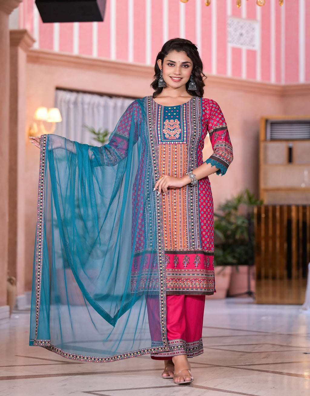 Juniper Women's Fuchsia Ethnic Motif Printed Rayon Kurta Set With Thread & Mirror Work