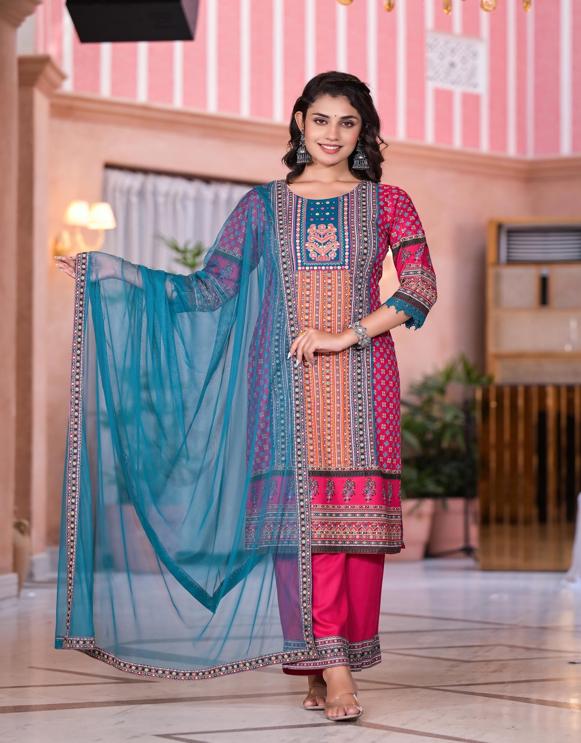 Juniper Women's Fuchsia Ethnic Motif Printed Rayon Kurta Set With Thread & Mirror Work