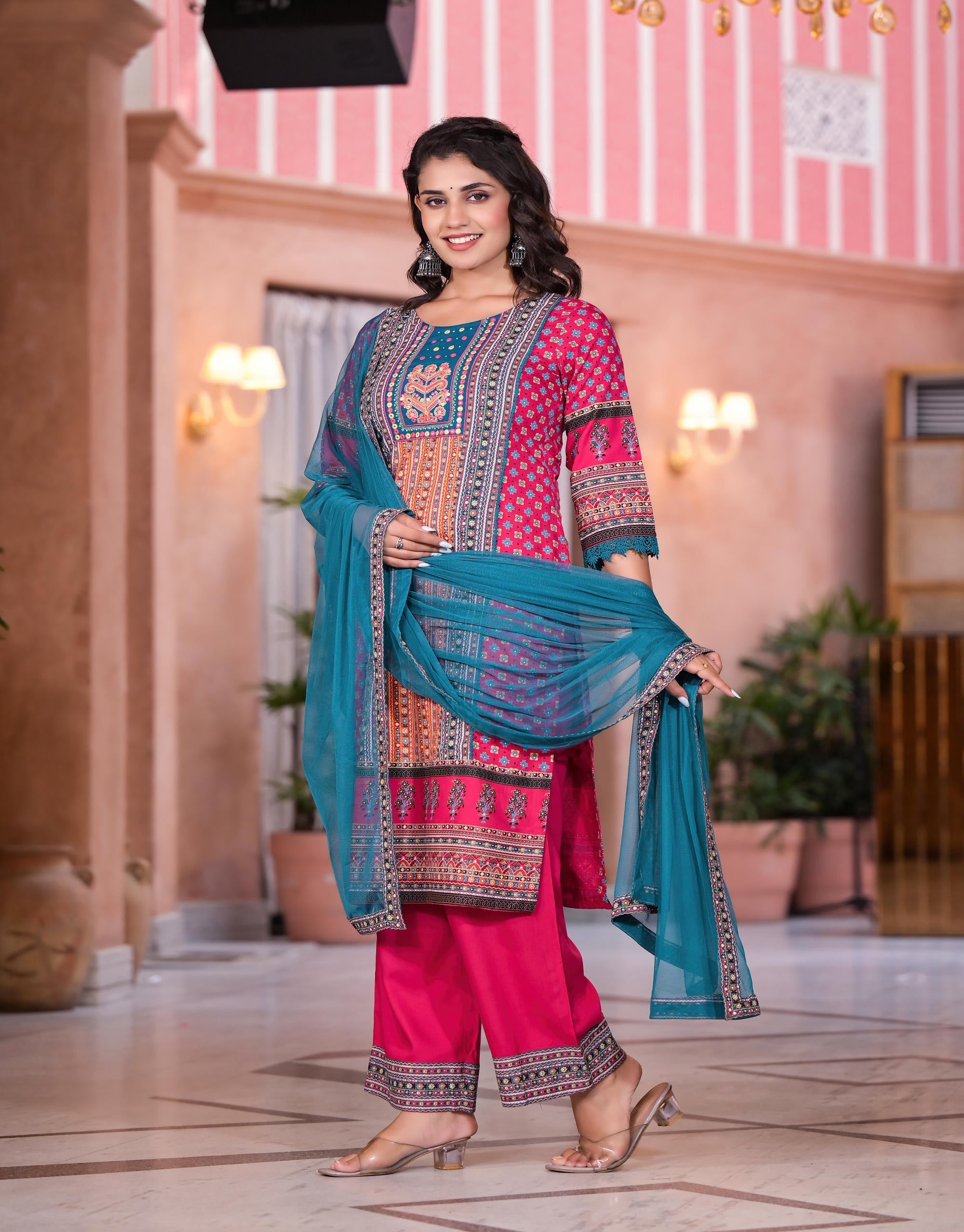 Juniper Women's Fuchsia Ethnic Motif Printed Rayon Kurta Set With Thread & Mirror Work