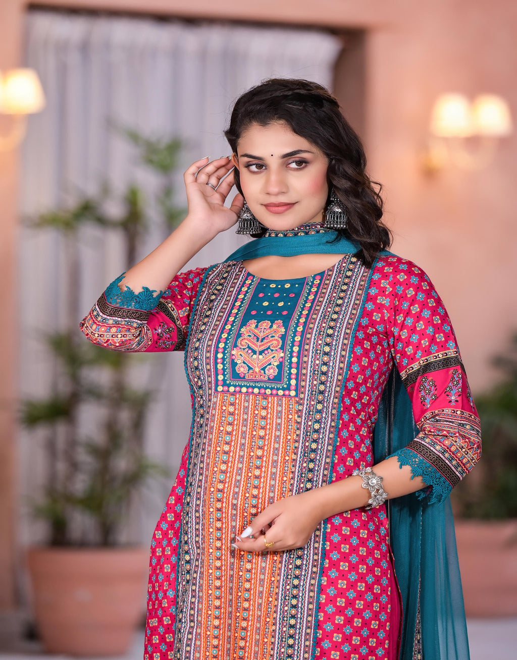 Juniper Women's Fuchsia Ethnic Motif Printed Rayon Kurta Set With Thread & Mirror Work
