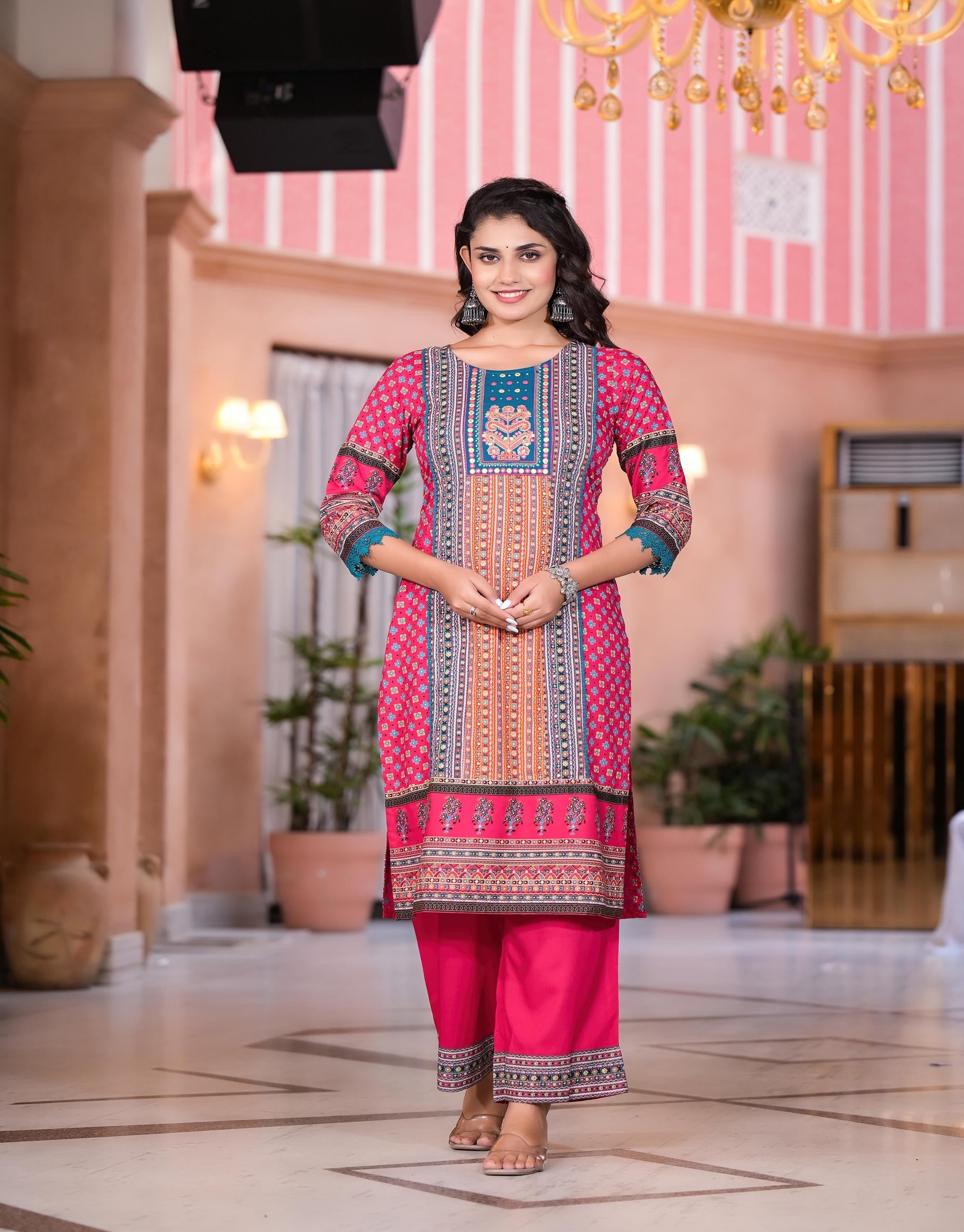 Juniper Women's Fuchsia Ethnic Motif Printed Rayon Kurta Set With Thread & Mirror Work