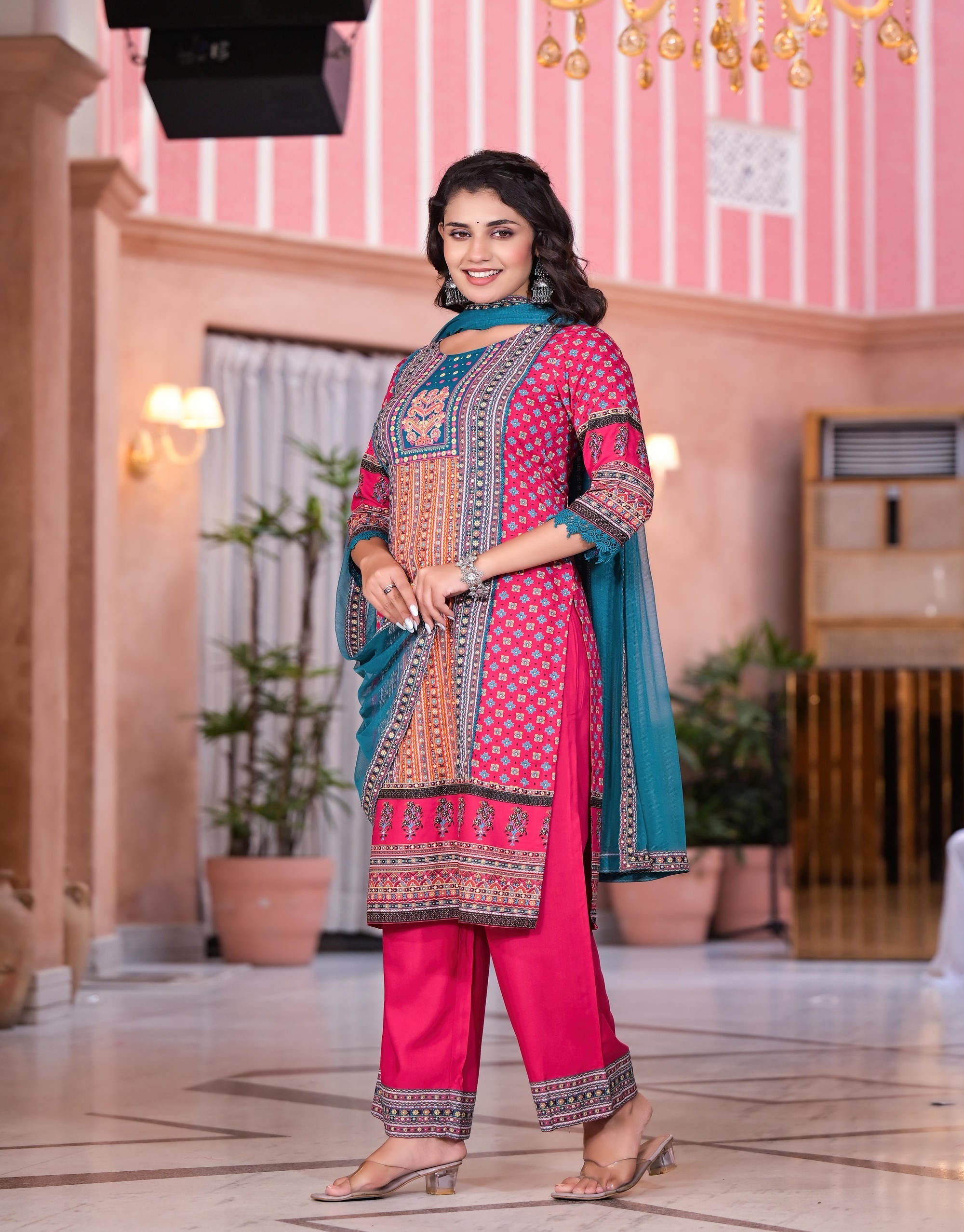 Juniper Women's Fuchsia Ethnic Motif Printed Rayon Kurta Set With Thread & Mirror Work