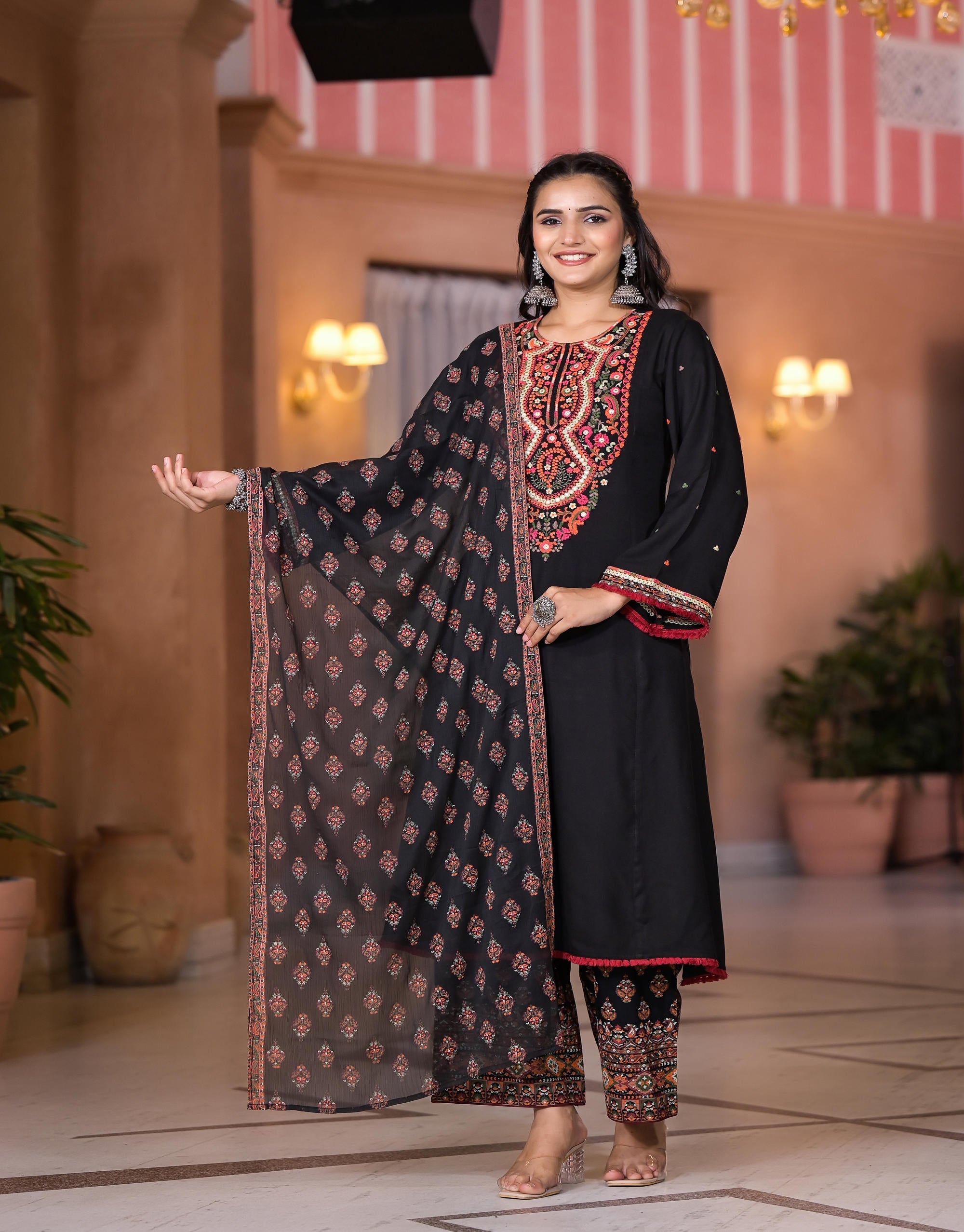 Juniper Women's Black Thread Embroidered Rayon Kurta Set With Mirror Work