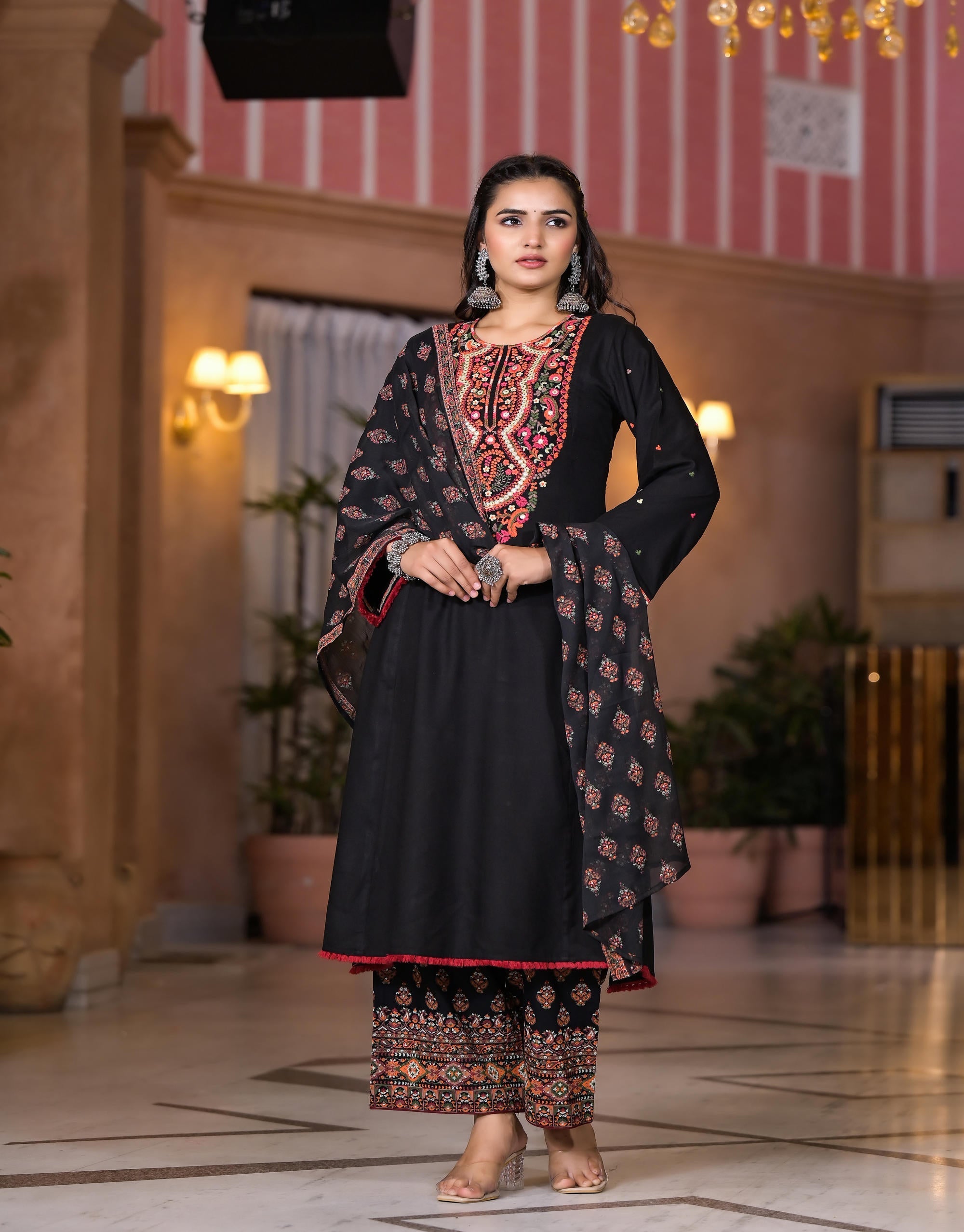 Juniper Women's Black Thread Embroidered Rayon Kurta Set With Mirror Work