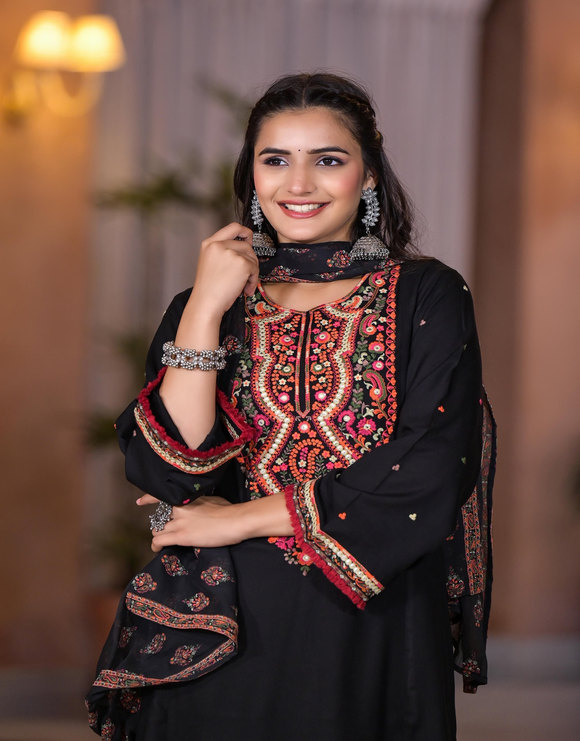 Juniper Women's Black Thread Embroidered Rayon Kurta Set With Mirror Work