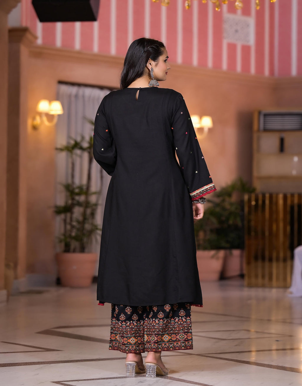 Juniper Women's Black Thread Embroidered Rayon Kurta Set With Mirror Work