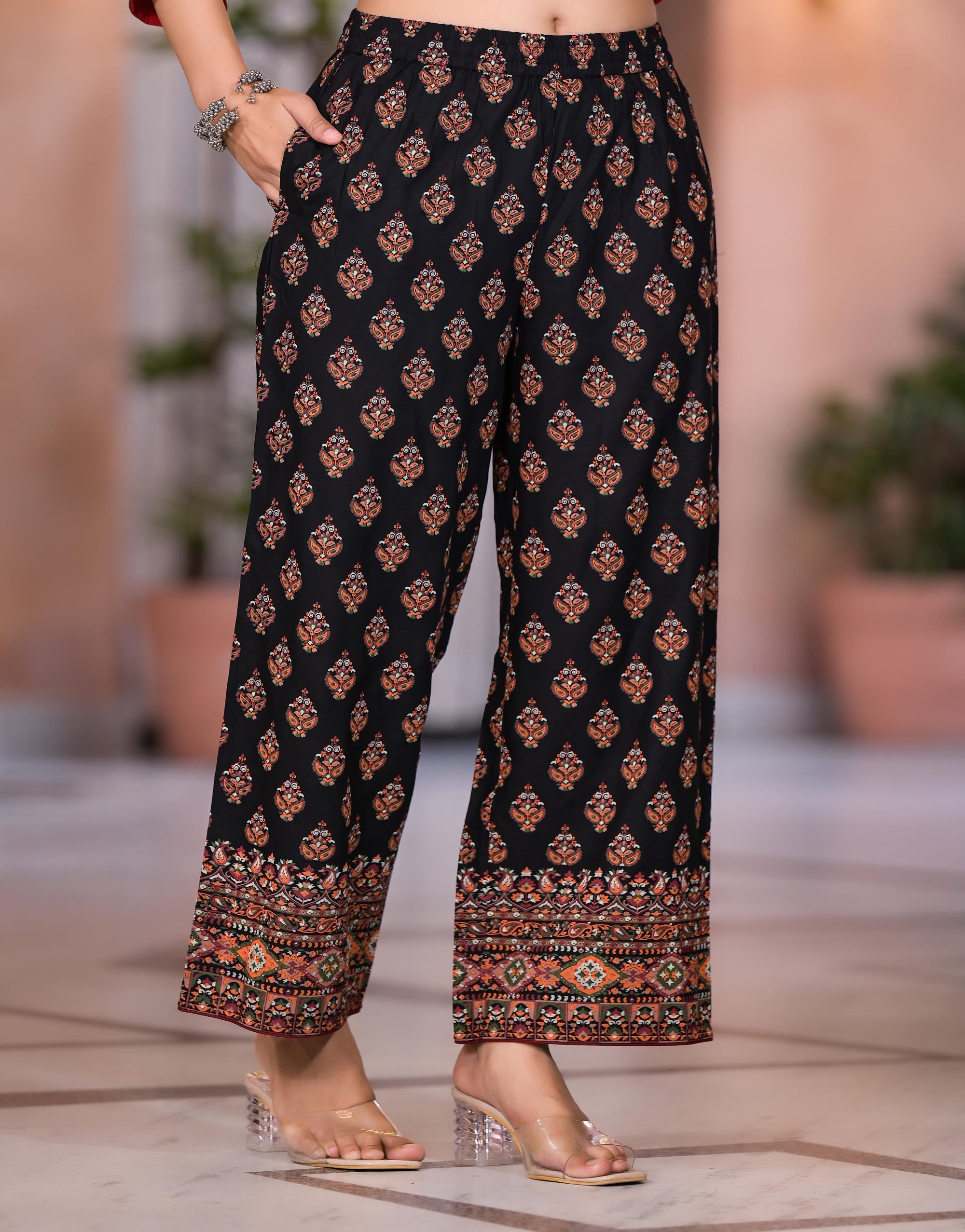 Juniper Women's Black Thread Embroidered Rayon Kurta Set With Mirror Work