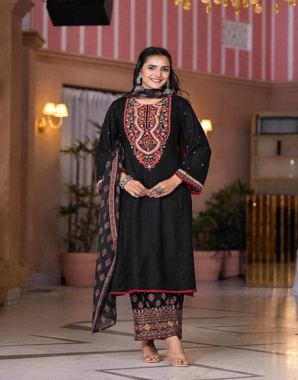 Juniper Women's Black Thread Embroidered Rayon Kurta Set With Mirror Work