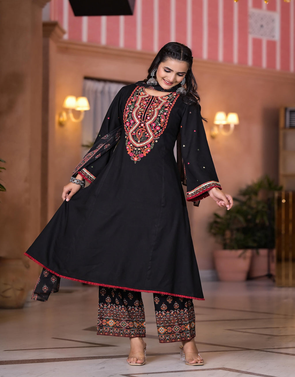 Juniper Women's Black Thread Embroidered Rayon Kurta Set With Mirror Work