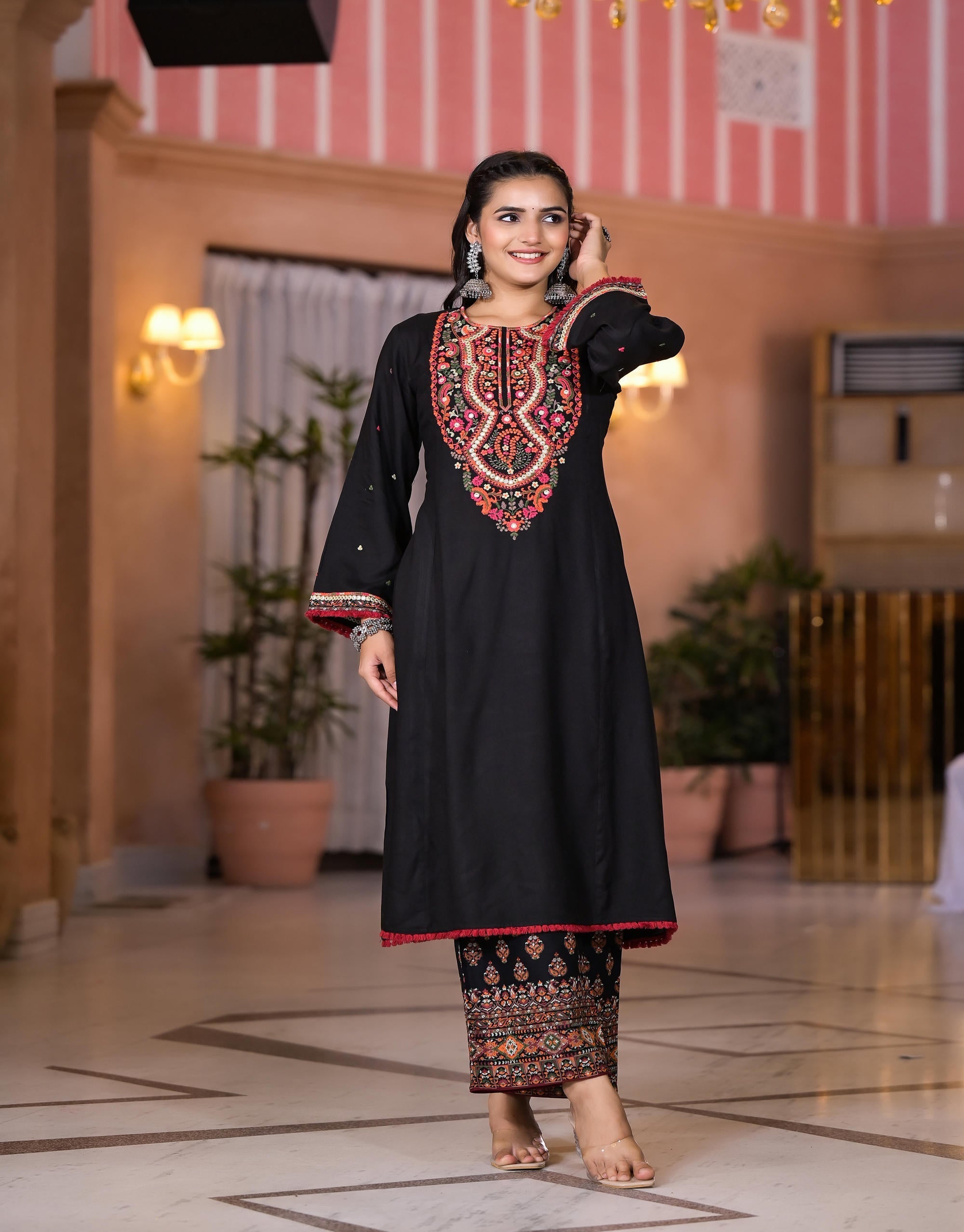 Juniper Women's Black Thread Embroidered Rayon Kurta Set With Mirror Work