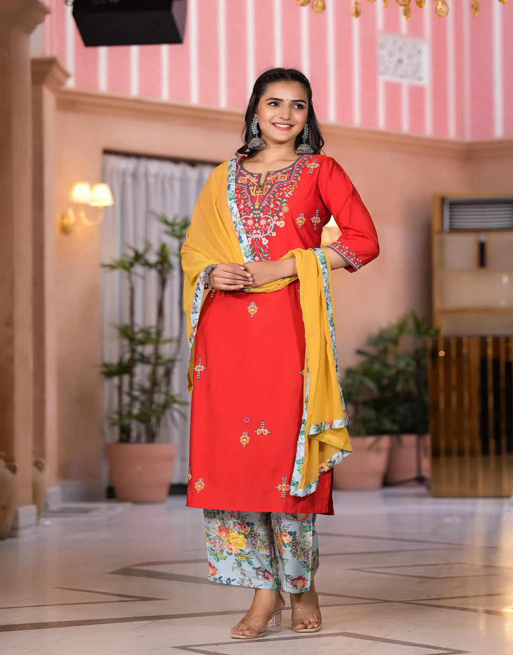 Juniper Women's Multi Color Floral Printed Viscose Kurta Set With Mirror & Thread Work