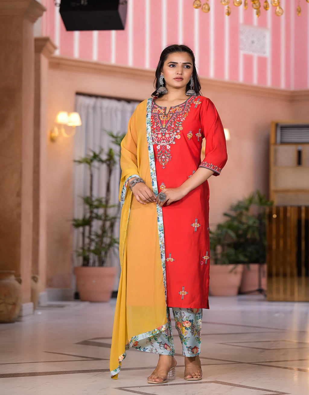 Juniper Women's Multi Color Floral Printed Viscose Kurta Set With Mirror & Thread Work