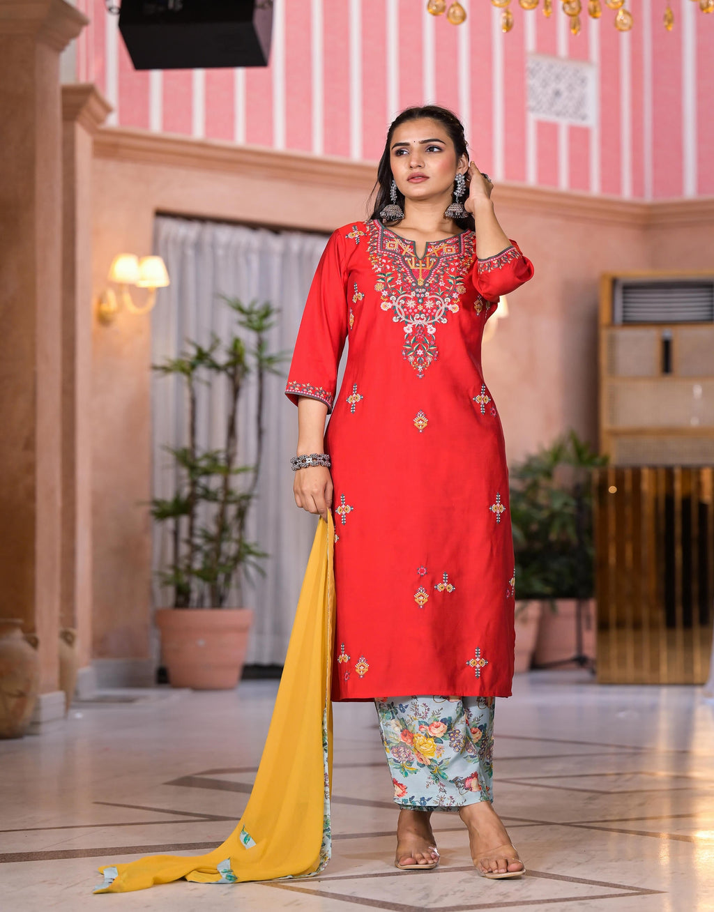 Juniper Women's Multi Color Floral Printed Viscose Kurta Set With Mirror & Thread Work