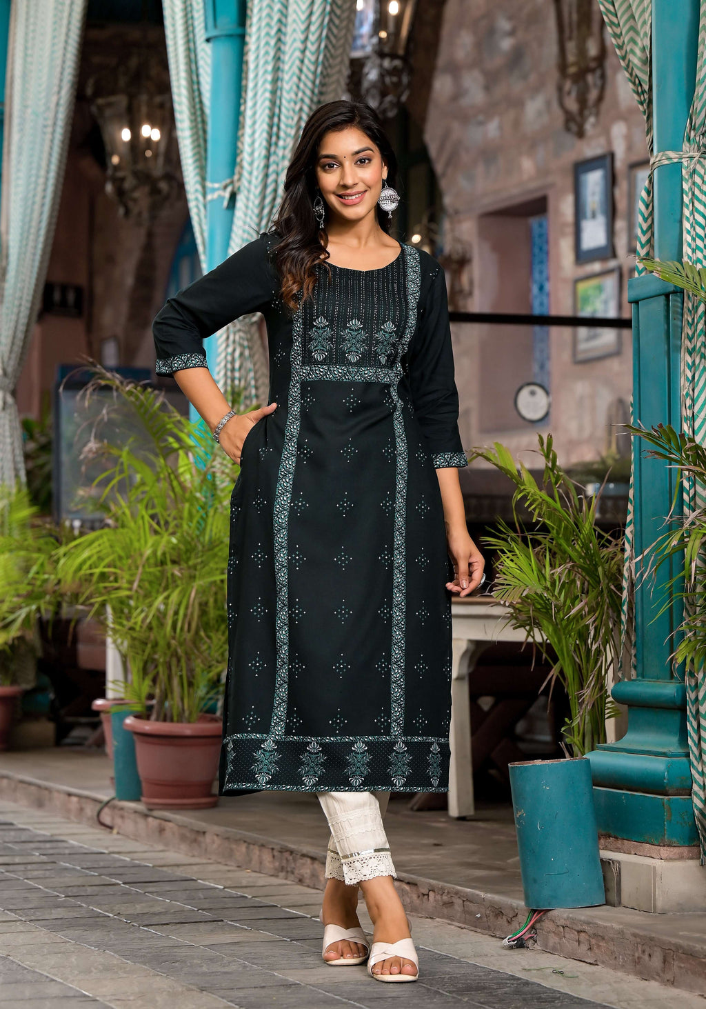 Juniper Women's Bottle Green Ethnic Motif Printed Rayon Kurta With Straight Hemline
