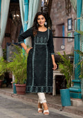 Juniper Women's Bottle Green Ethnic Motif Printed Rayon Kurta With Straight Hemline
