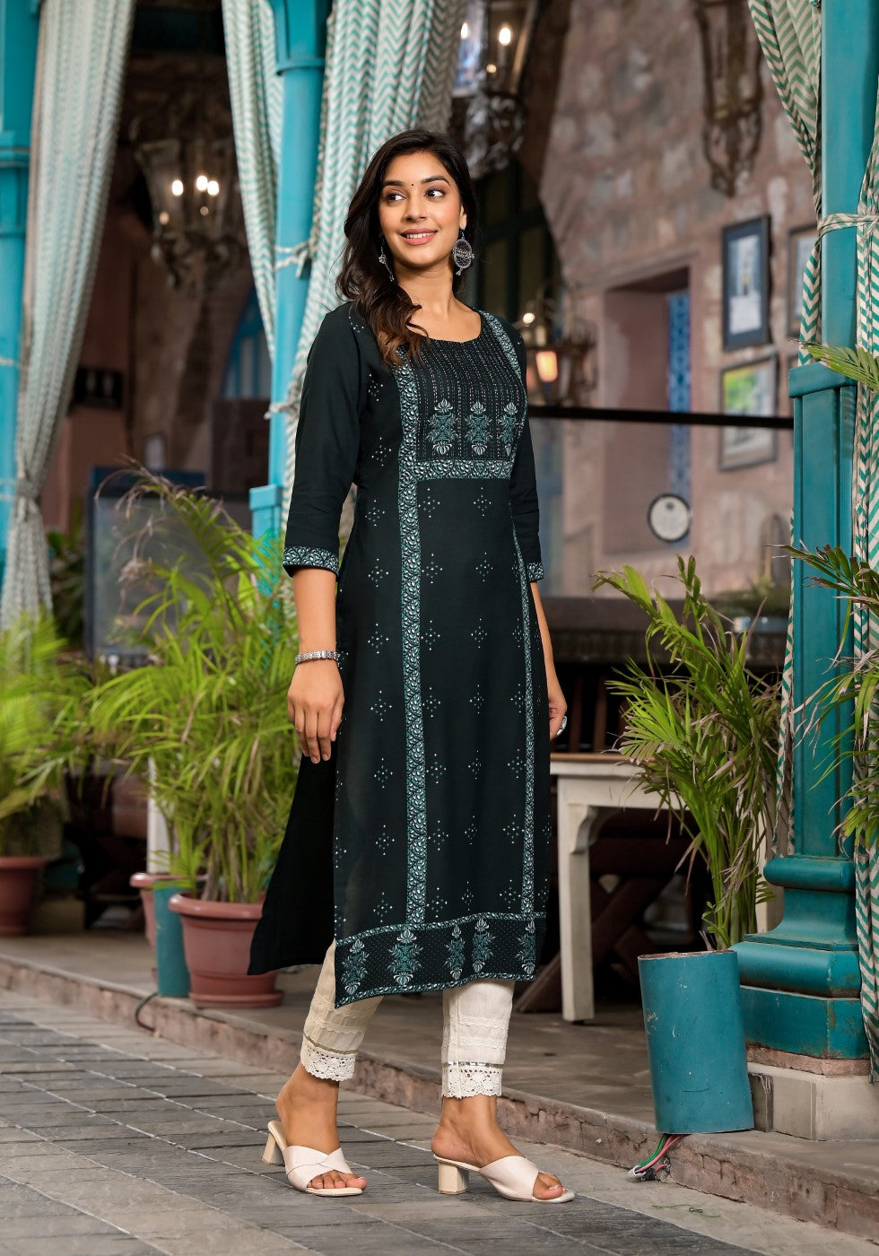 Juniper Women's Bottle Green Ethnic Motif Printed Rayon Kurta With Straight Hemline