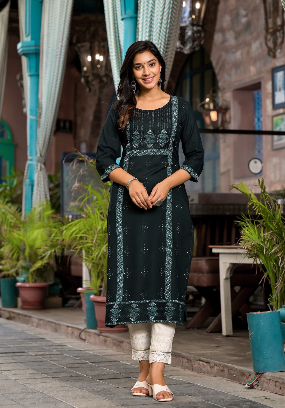 Juniper Women's Bottle Green Ethnic Motif Printed Rayon Kurta With Straight Hemline