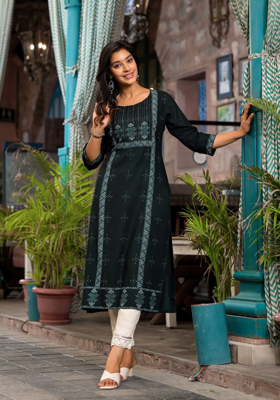 Juniper Women's Bottle Green Ethnic Motif Printed Rayon Kurta With Straight Hemline