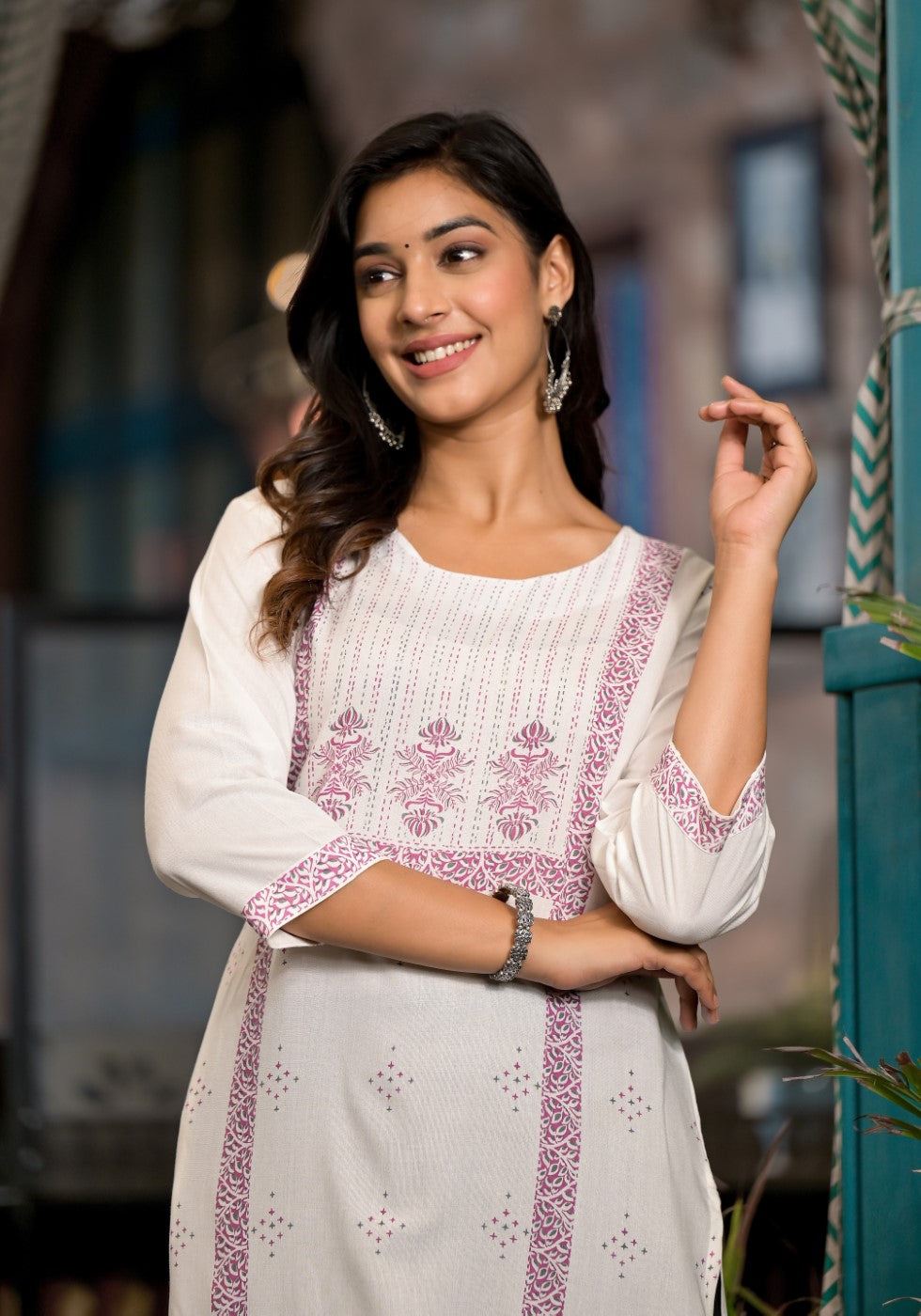 Juniper Women's White Ethnic Motif Printed Rayon Round NeckKurta With Straight Hemline