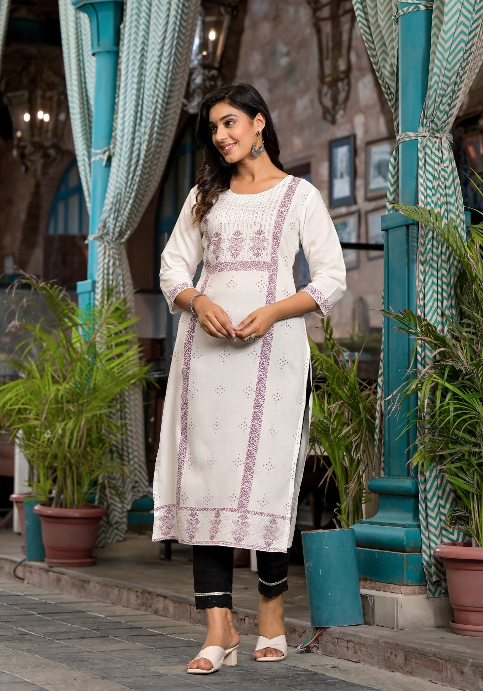 Juniper Women's White Ethnic Motif Printed Rayon Round NeckKurta With Straight Hemline