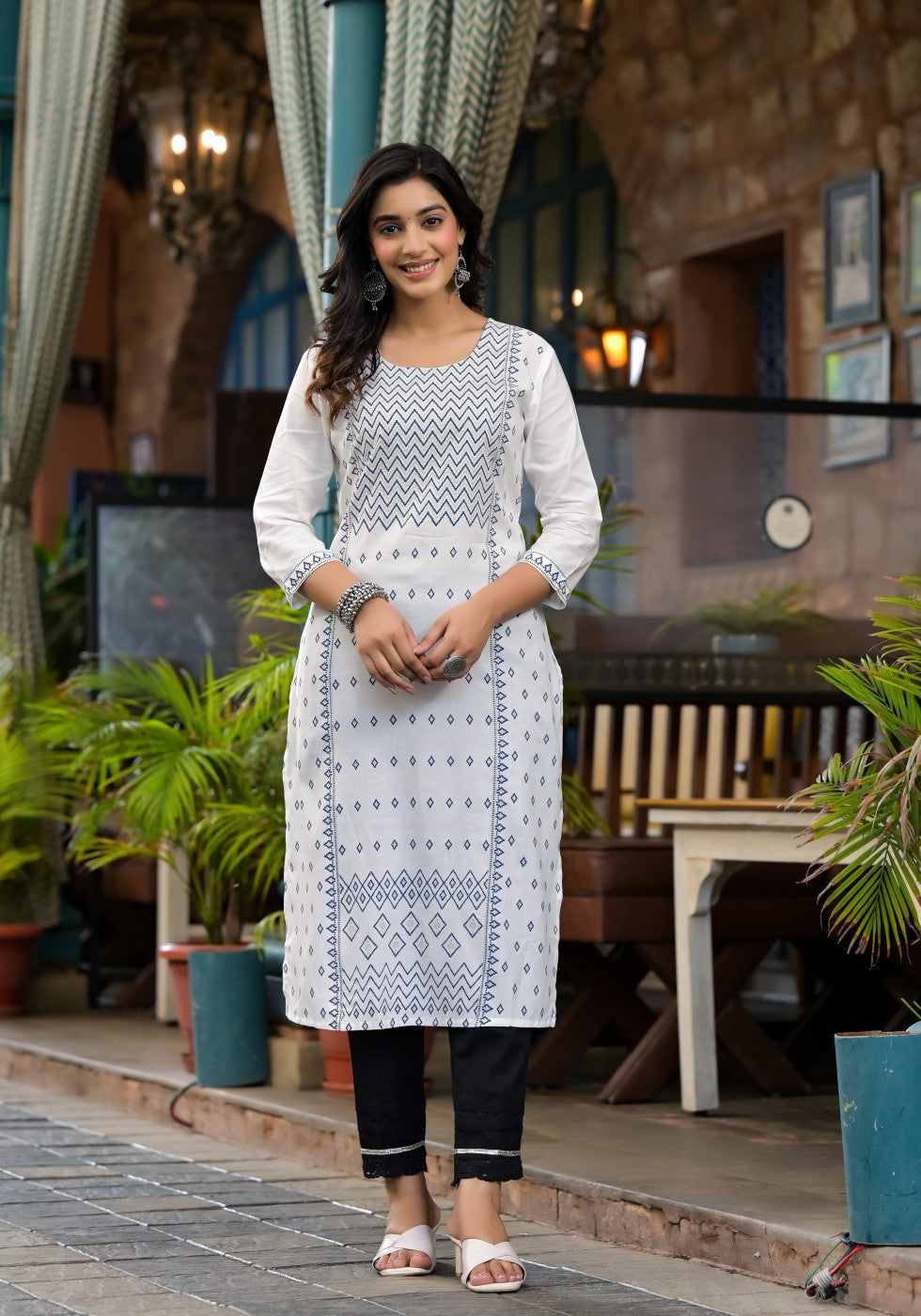 Juniper Women's White Ethnic Motif Printed Rayon Kurta With Straight Hemline