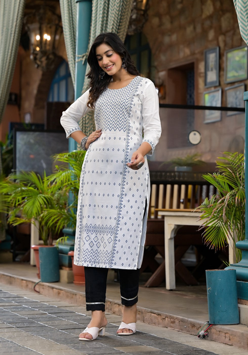 Juniper Women's White Ethnic Motif Printed Rayon Kurta With Straight Hemline