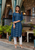 Juniper Women's Teal Ethnic Motif Printed Round Neck Rayon Kurta With Straight Hemline