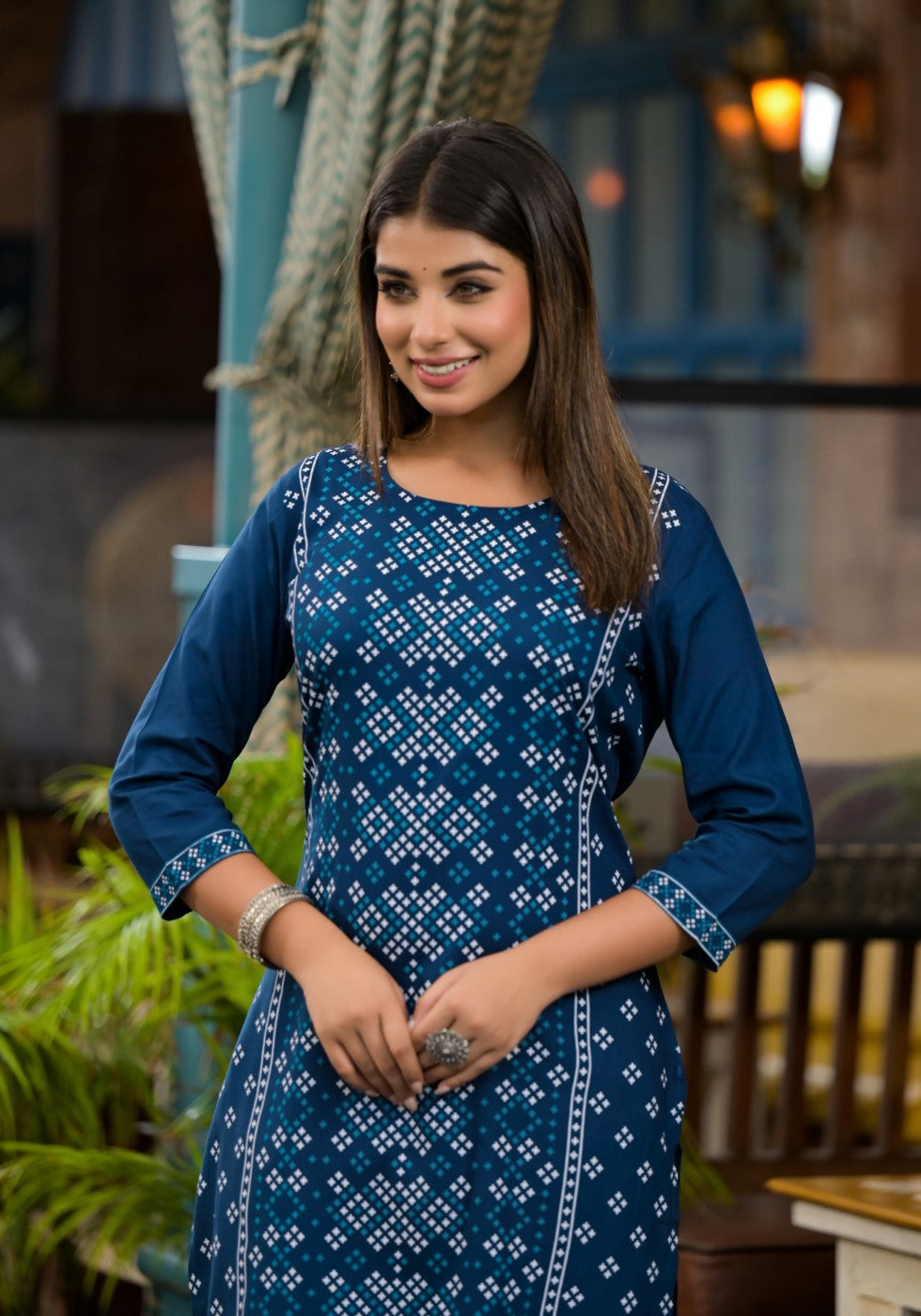 Juniper Women's Teal Ethnic Motif Printed Round Neck Rayon Kurta With Straight Hemline